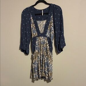 Free People Navy and Cream Floral Long Sleeve Dress